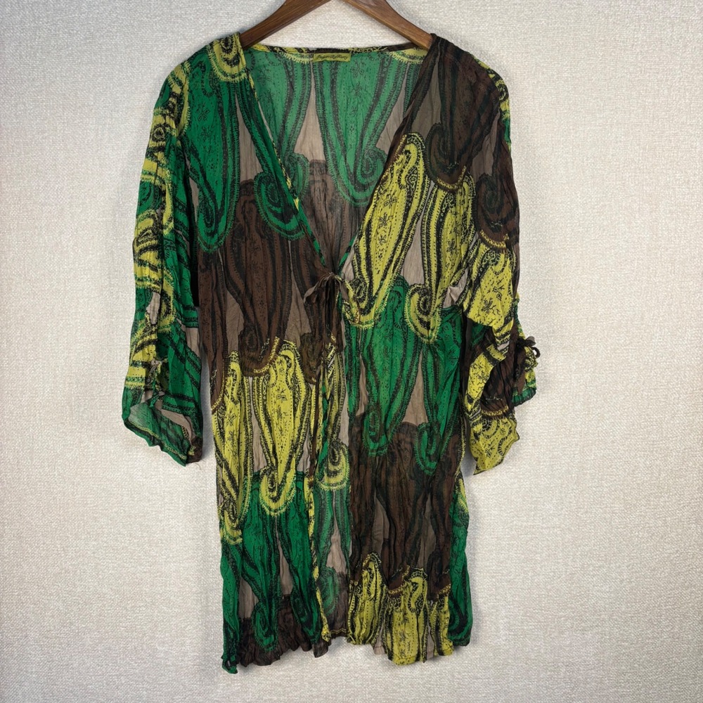 Fashion By Karry Sheer Paisley Tunic Top Green Yellow Brown Tie Front Boho Med?